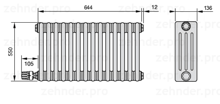 Схема (чертеж) Радиатор Zehnder Charleston 4055/14 №V003 Белый глянцевый RAL 9016